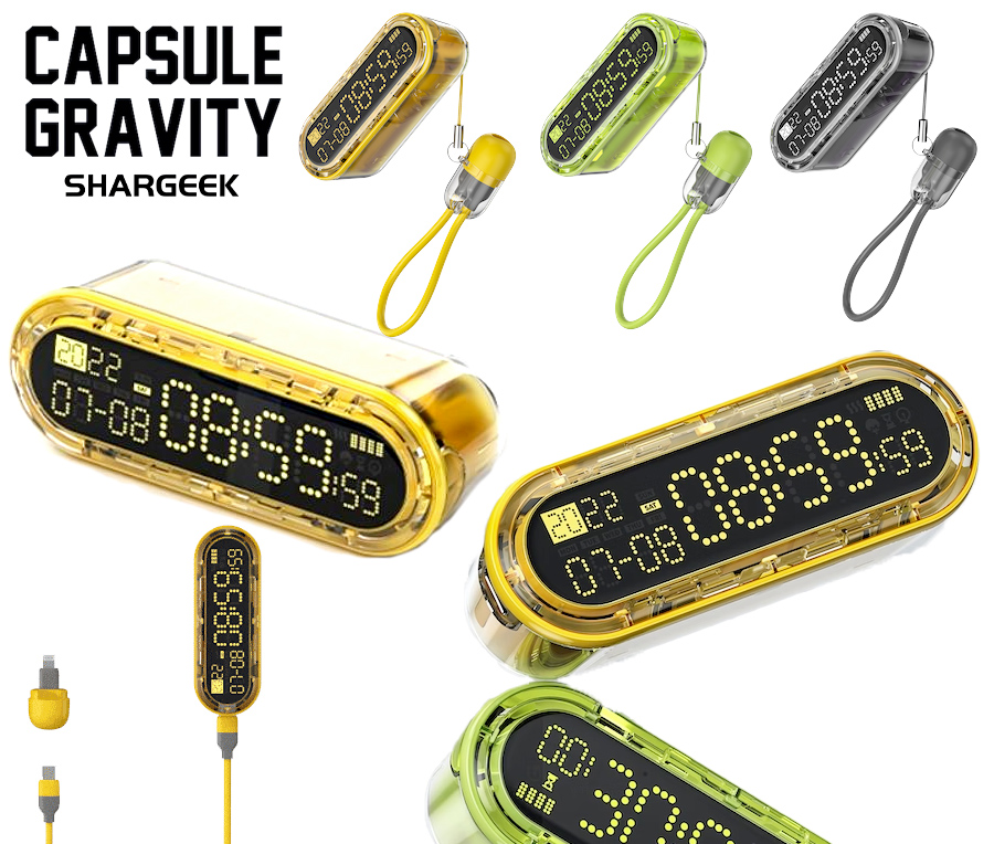 Capsule Gravity, um power bank cyberpunk com relógio e timers de gravidade