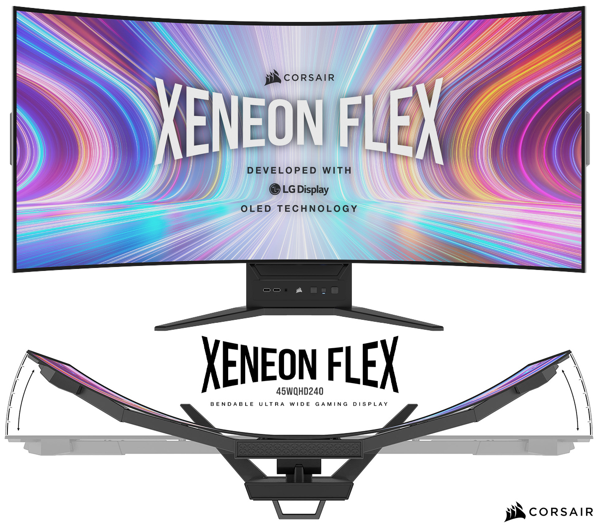 Monitor Corsair Xeneon Flex com tela flexível que fica curva ou plana
