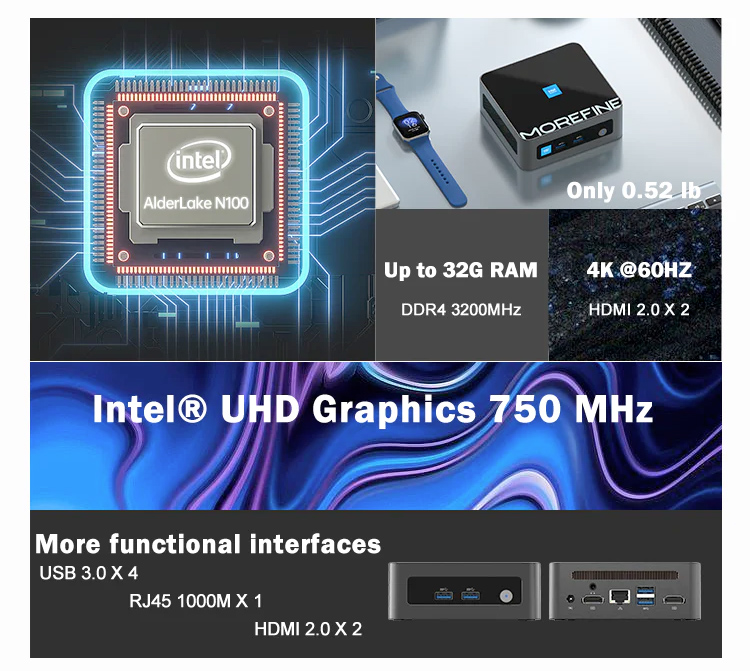 Mini computador Morefine M9 Mini PC com chip Intel N100
