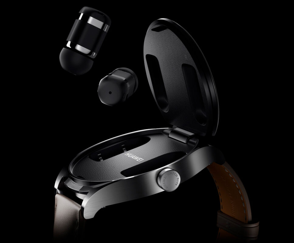 Huawei Watch Buds aberto com seus fones de ouvido