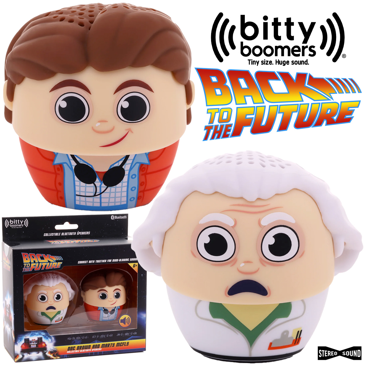 Micro caixas de som Bitty Boomers De Volta para o Futuro com Doc Brown e Marty McFly