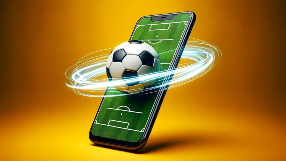 Campo de futebol em tela de smartphone, com uma bola em 3D dando voltas ao redor do aparelho 