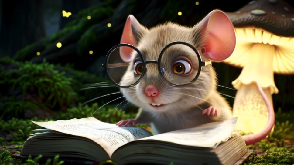Frame do vídeo com Veo 2 mostra rato de óculos lendo livro sob a luz de um cogumelo iluminado