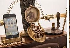 Um gramofone com dock para smartphones em estilo steampunk