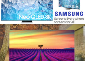TVs Samsung Neo QLED 8K 2022 com suporte que gira a tela usando o smartphone