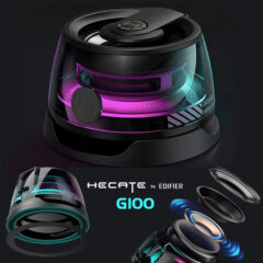 Mini caixa de som Edifier Hecate G100 com design diferente e luzes RGB
